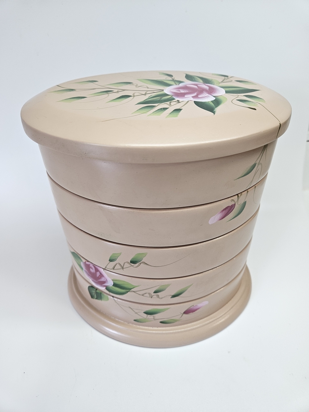 VINTAGE Hand Painted Pink Floral 5 Tier Swivel Felt Lined Jewelry Box Flexzorb